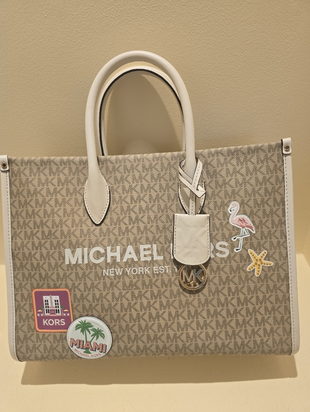 Michael Kors Beige MK Logo Tote with Ivory Trim and Summer Patches AUTHENTIC